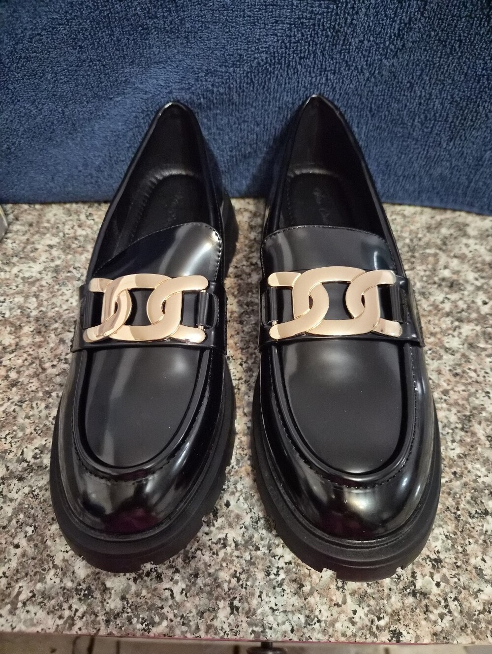 Black Patent Loafer with Gold Chain Accent - Women's Dress Shoe